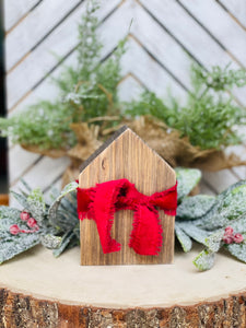 Chunky Wood House with red cotton ribbon